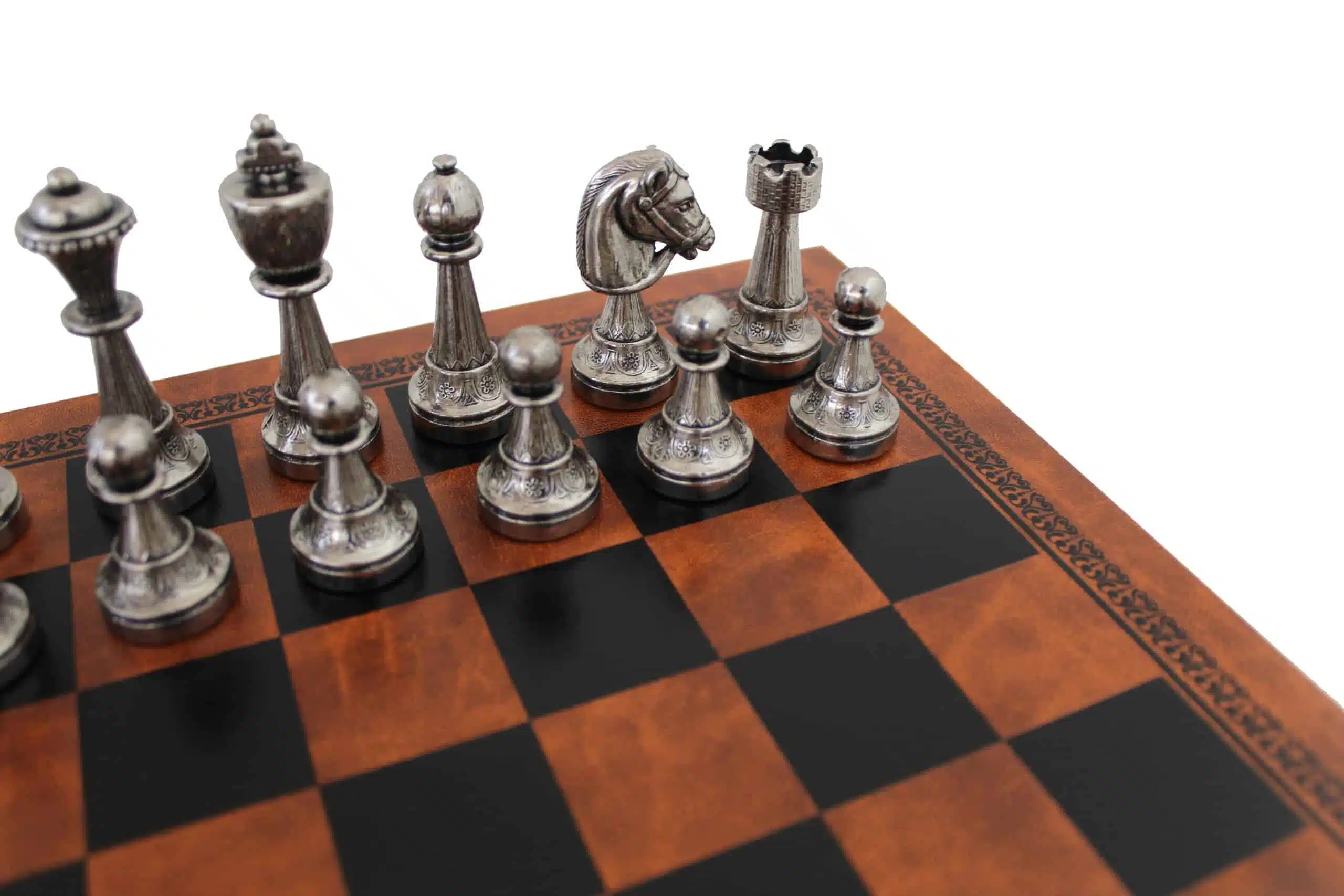 Staunton Schaakspel in Metaal & Schaakbord in Bruin Imitatieleer - Afbeelding 3