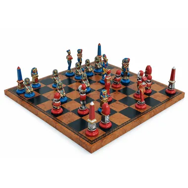 Schaakspel Oud-Egypte op schaakbord van kunstleer, aanzicht vanuit tegenovergestelde hoek