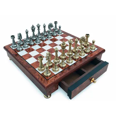 Compleet Staunton-schaakspel met schaakbord op voet en houten lade