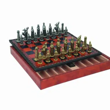 Middeleeuwse Metalen Figuren & Schaakbord met Opbergruimte in Kunstleer