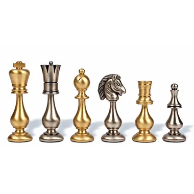 Schaakstukken van gouden en zilveren messing, detail van dame, pion, paard en toren