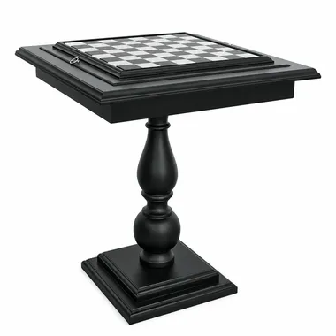 Schaaktafel van zwart lindehout op balustervoet, totaalbeeld
