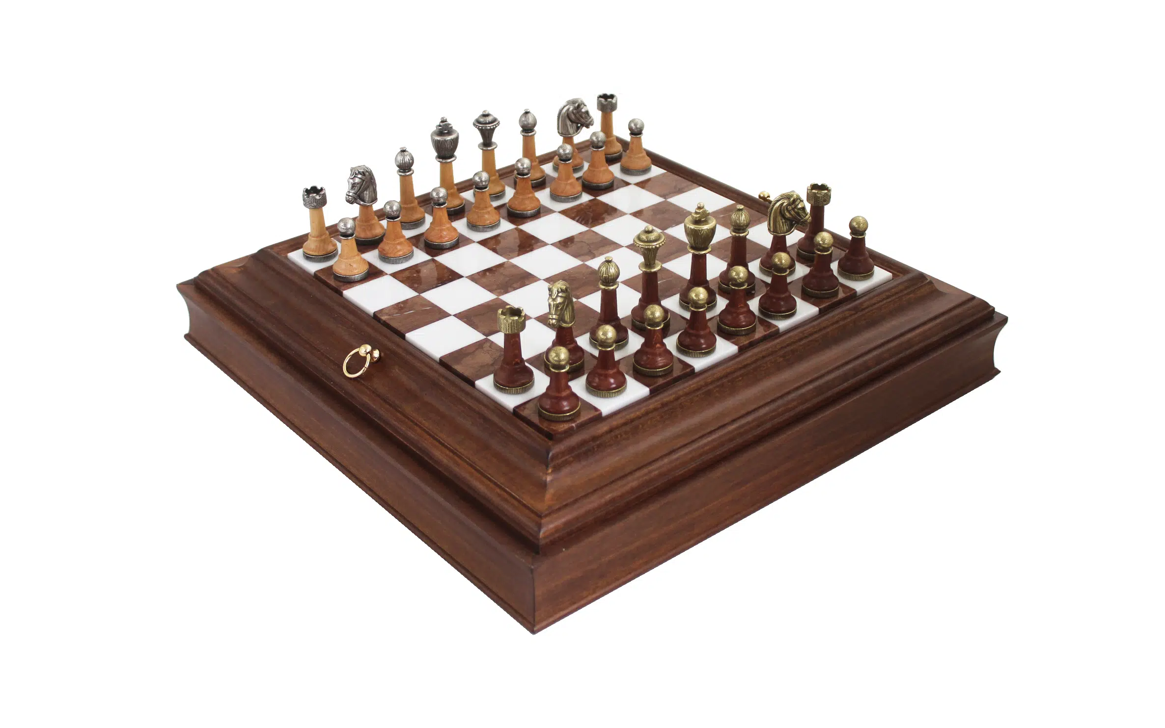 Ensemble Jeu d'Échecs en Métal et Bois Massif et Échiquier en Bois et Marbre