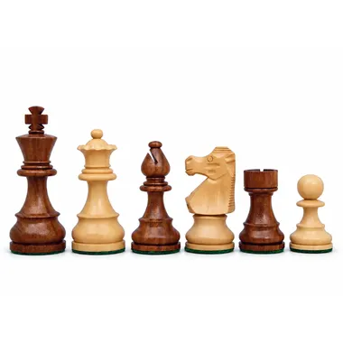 Franse Staunton schaakstukken in acacia en buxus, dame, loper, paard en toren