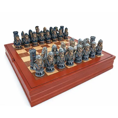 Schaakspel Skelet Buste in Resin en Schaakbord met Compartimenten