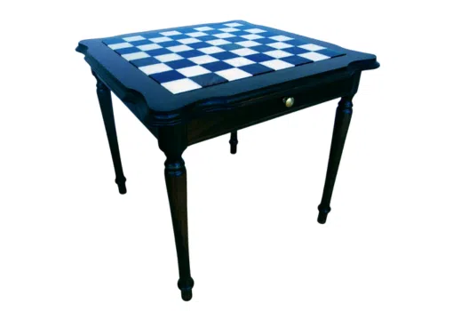 Table d'Echecs en Bois Laqué Noir Tilia avec Plateau en Marbre de Carrare et Double Tiroir de Rangement