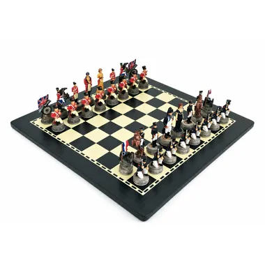 Slag bij Waterloo schaakspel beschilderd op houten schaakbord in zwart en ivoor