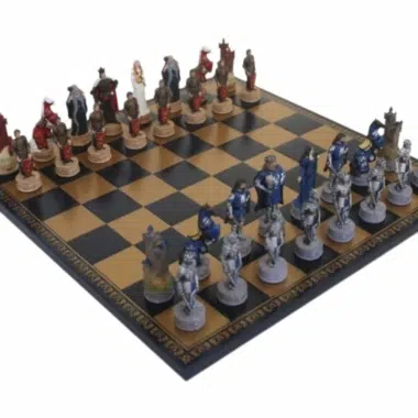 Schaakset Koning Arthur in Hars met Blauw Kunstleren Schaakbord