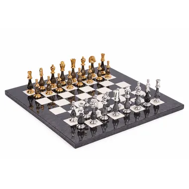 Luxe Schaakspel in Massief Messing Verguld met Goud en Zilver en Gelakt Hout met Schaakbord in Geheide Esdoorn - Koning 10 cm