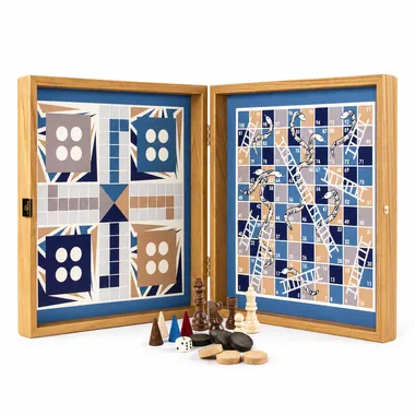 4-in-1 Combispel in Hout Blauw - Schaken/Backgammon/Ludo/Slangen