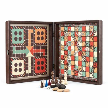 4-in-1 Combispel in Hout Vintage Stijl - Schaken/Backgammon/Ludo/Slangen