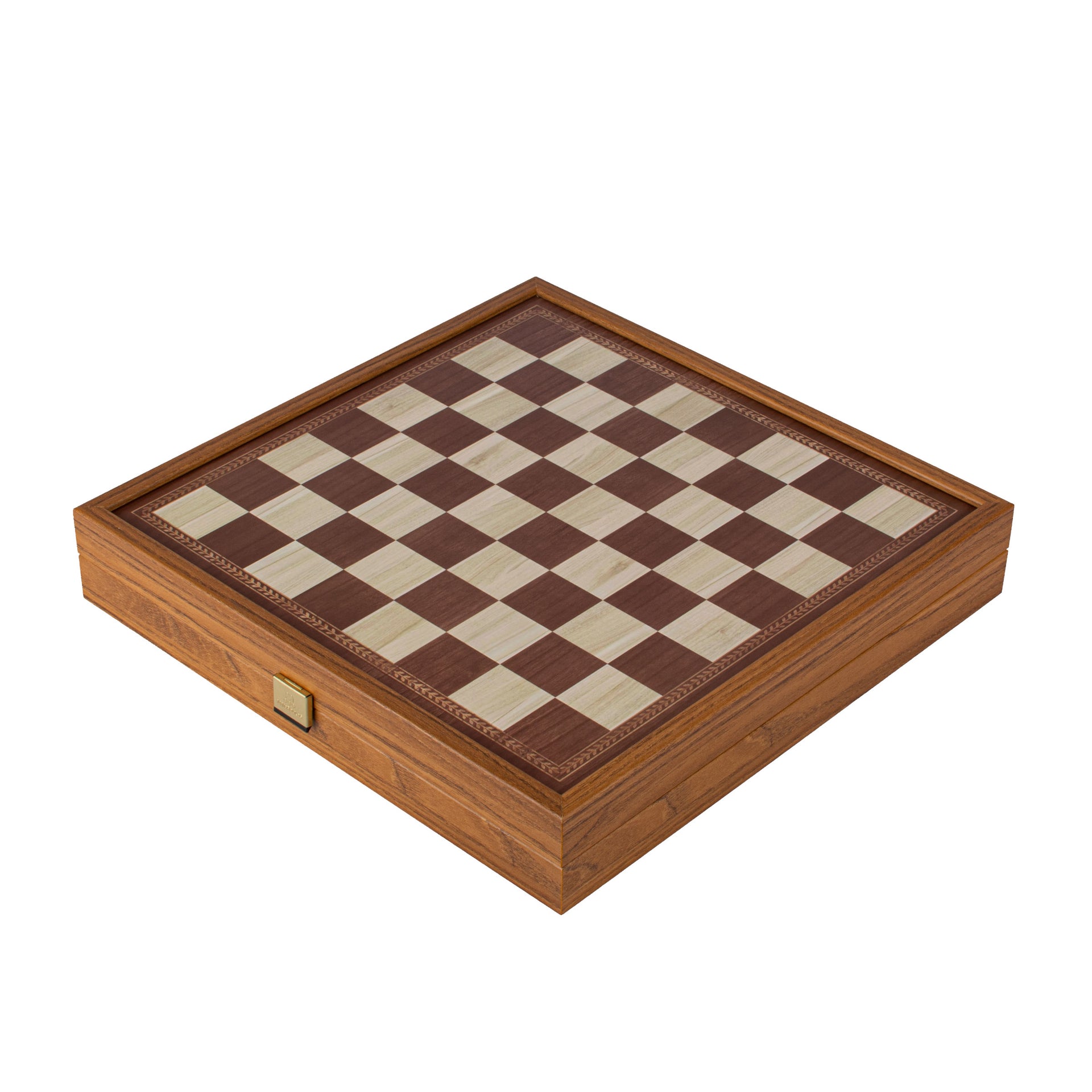 Gesloten 4-in-1 houten kist met ingelegd schaakbord bovenop