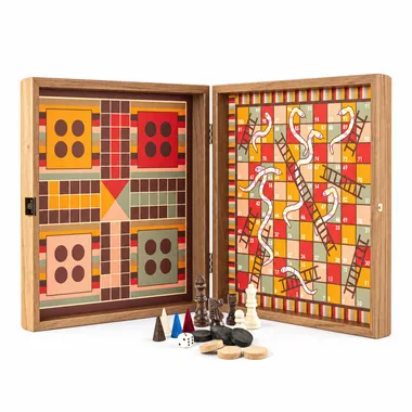 4-in-1 Combispel in Hout Regenboogstijl - Schaken/Backgammon/Ludo/Slangen