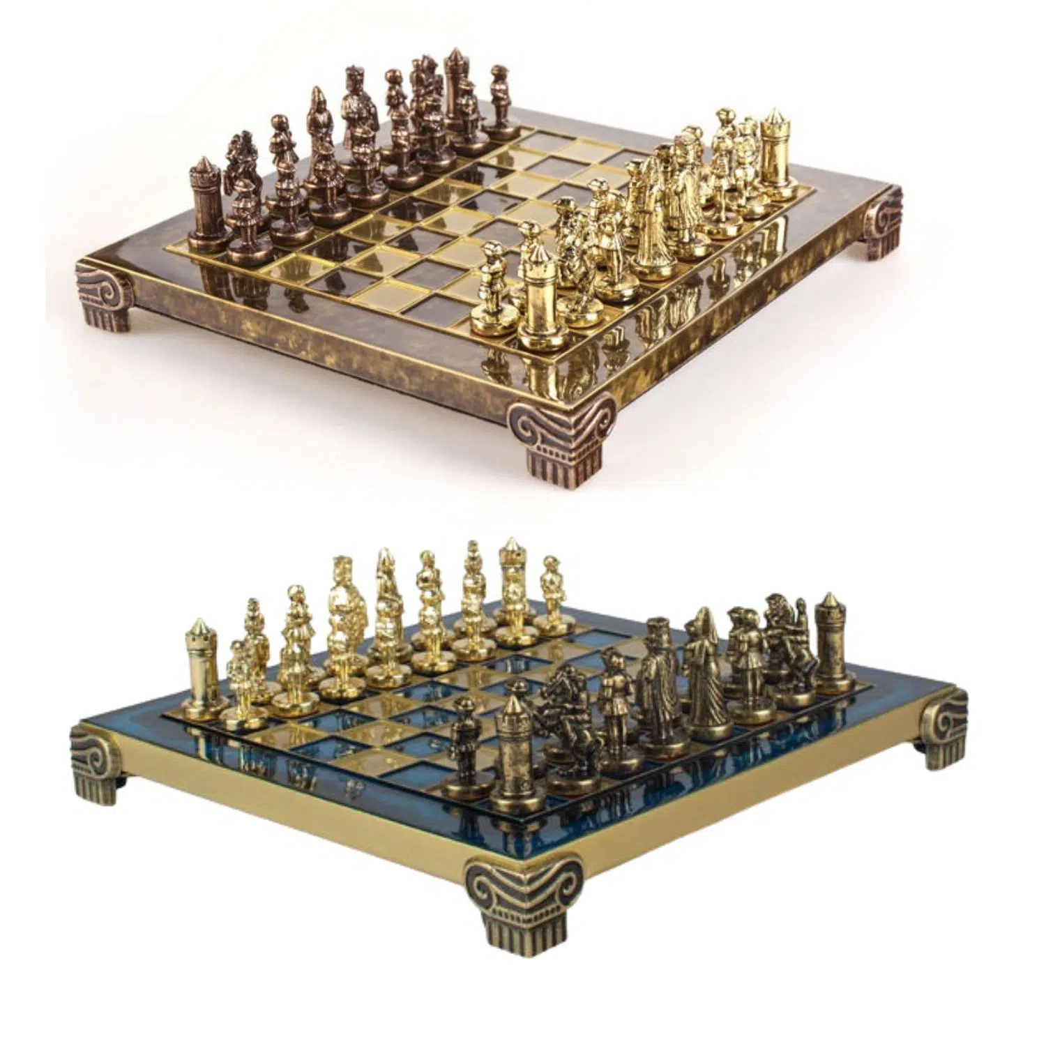 Petit Jeu d'Echecs Empire Byzantin - Échiquier Bleu ou Marron en Metal et Pièces Dorées et Marron avec Coffret de Rangement
