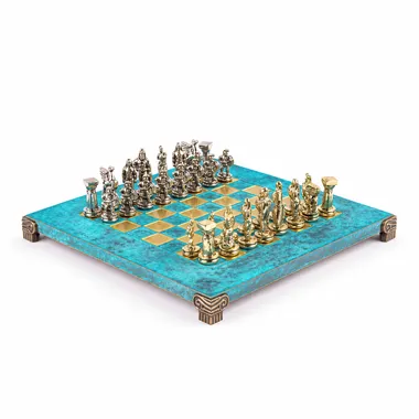 Compleet Spartaanse krijger schaakspel, turquoise metalen bord op voet
