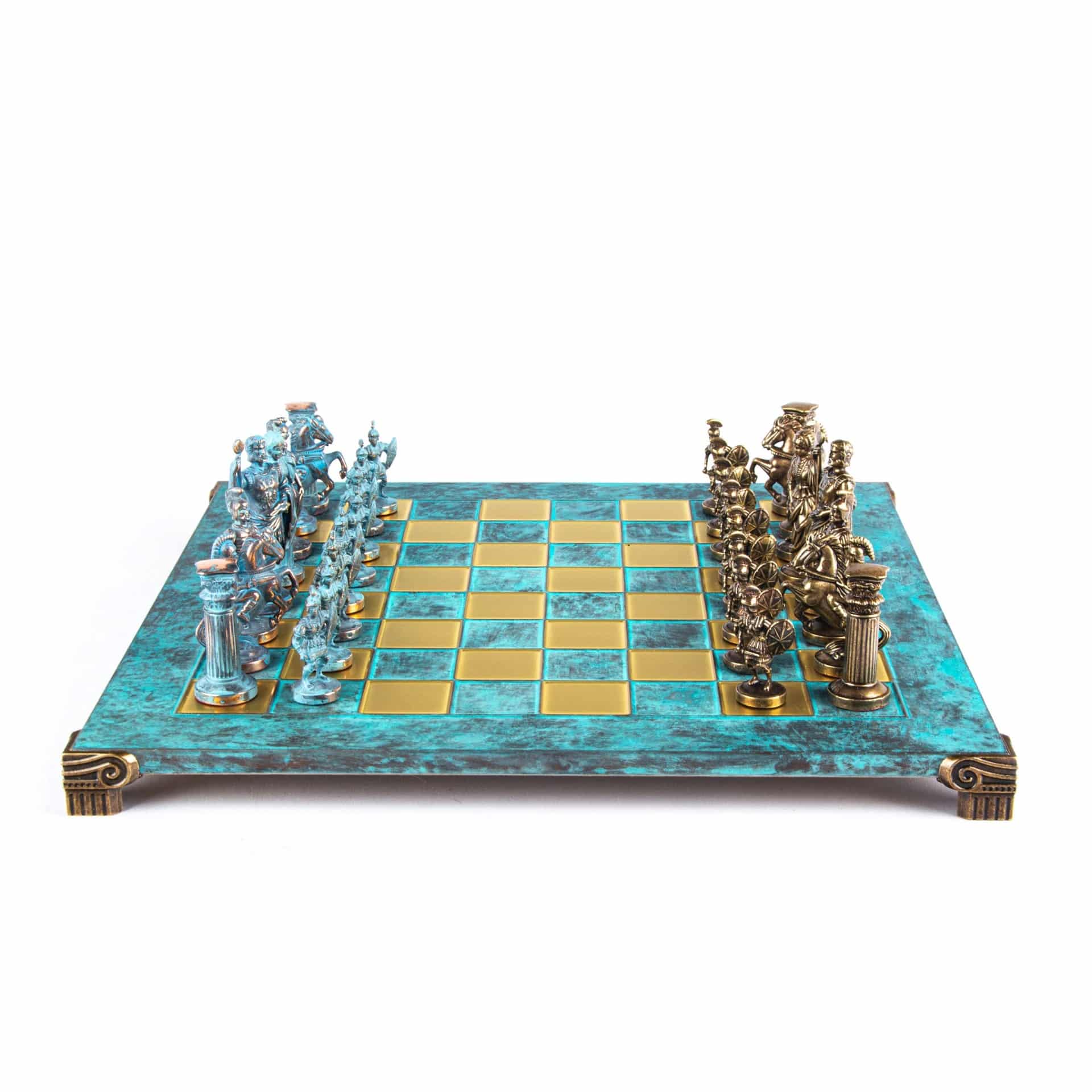 Grieks-Romeins Metalen Schaakspel - Brons en Blauwe Stukken met Metalen Schaakbord 44 x 44 cm en Opbergkist - Afbeelding 14