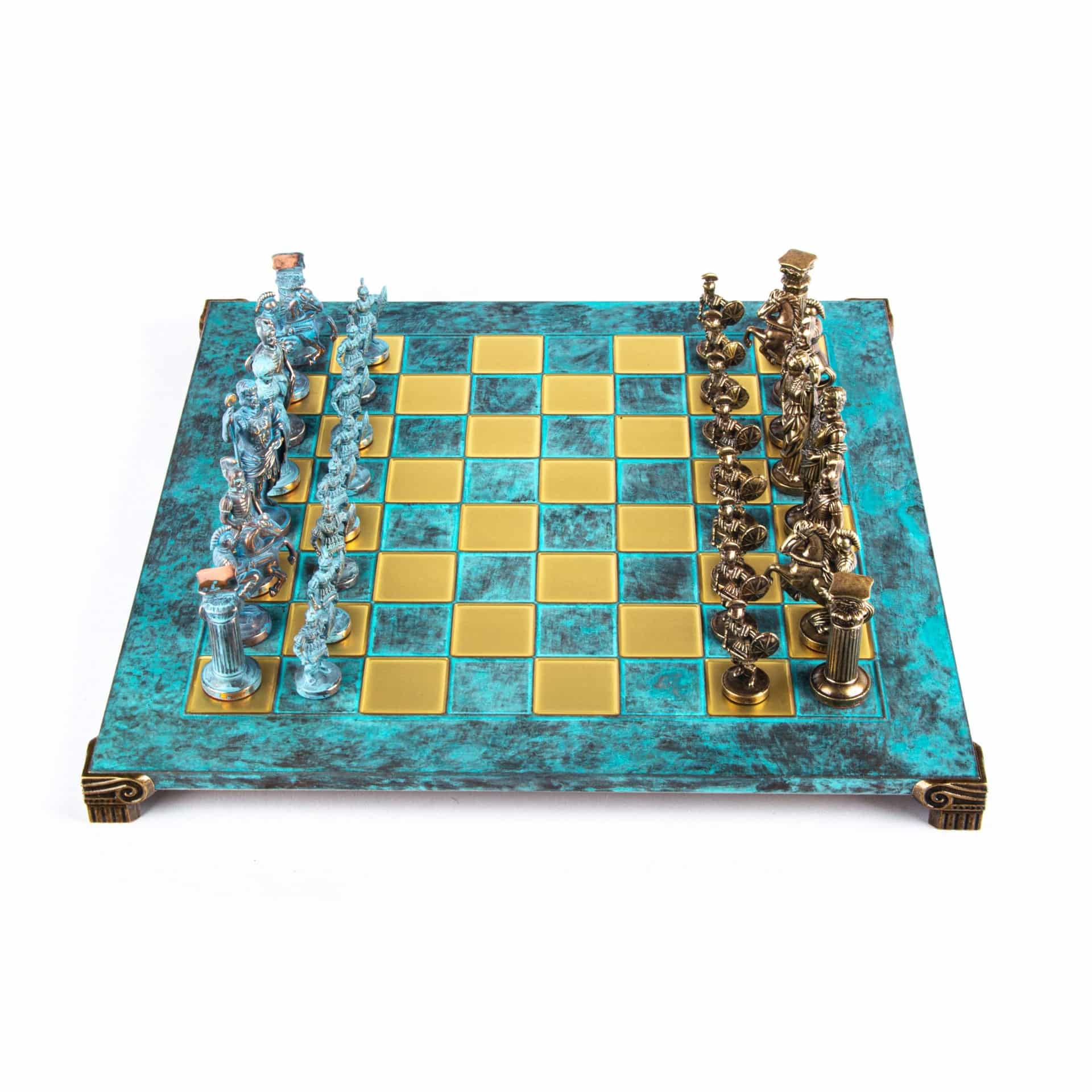 Grieks-Romeins Metalen Schaakspel - Brons en Blauwe Stukken met Metalen Schaakbord 44 x 44 cm en Opbergkist - Afbeelding 13
