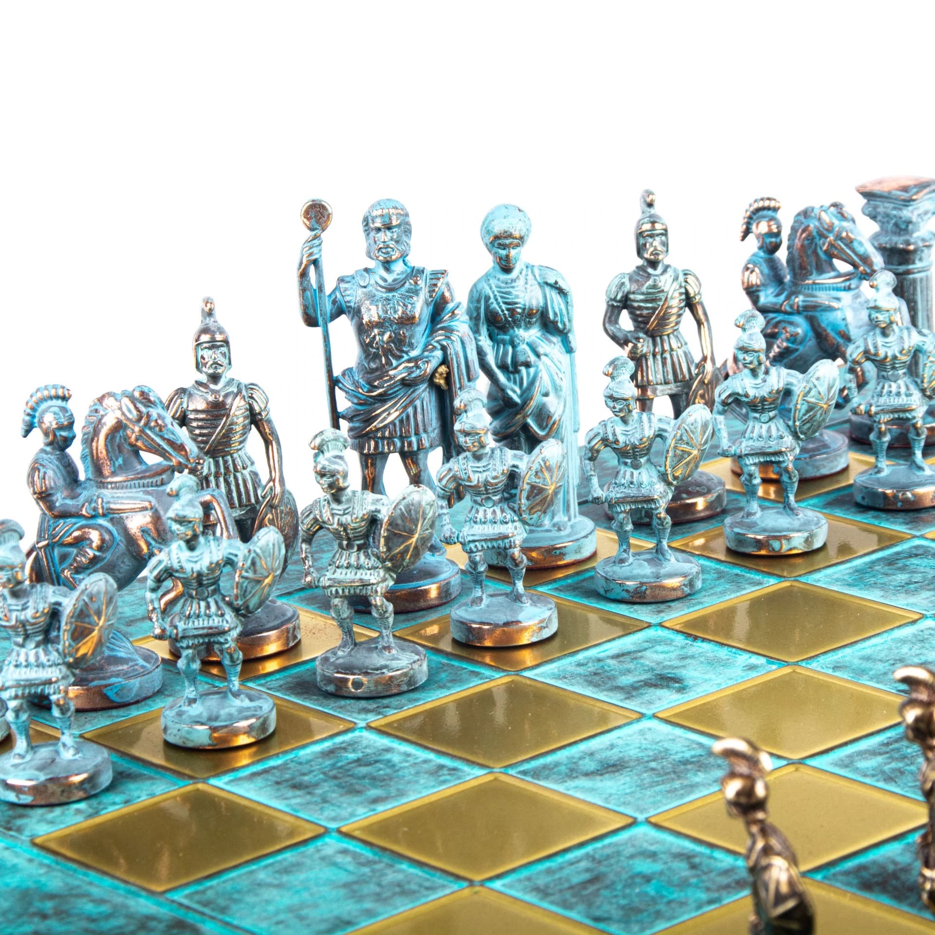 Grieks-Romeins Metalen Schaakspel - Brons en Blauwe Stukken met Metalen Schaakbord 44 x 44 cm en Opbergkist - Afbeelding 16