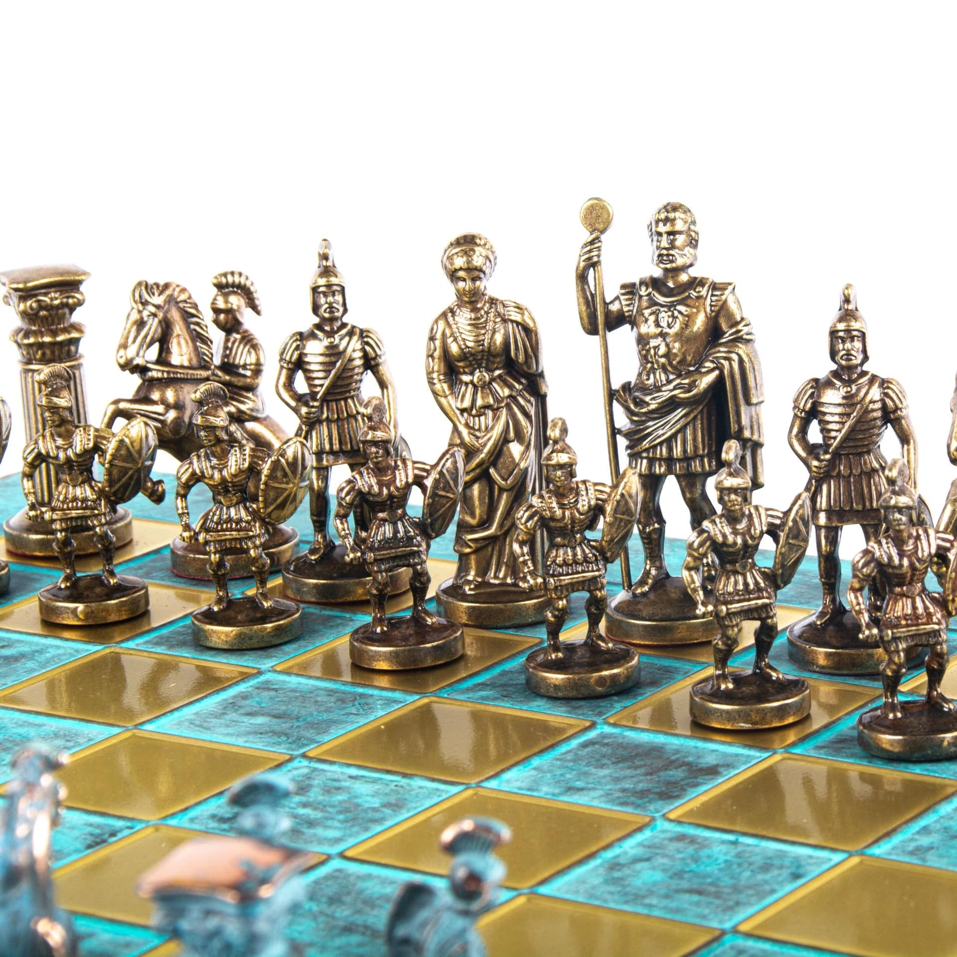 Grieks-Romeins Metalen Schaakspel - Brons en Blauwe Stukken met Metalen Schaakbord 44 x 44 cm en Opbergkist - Afbeelding 15