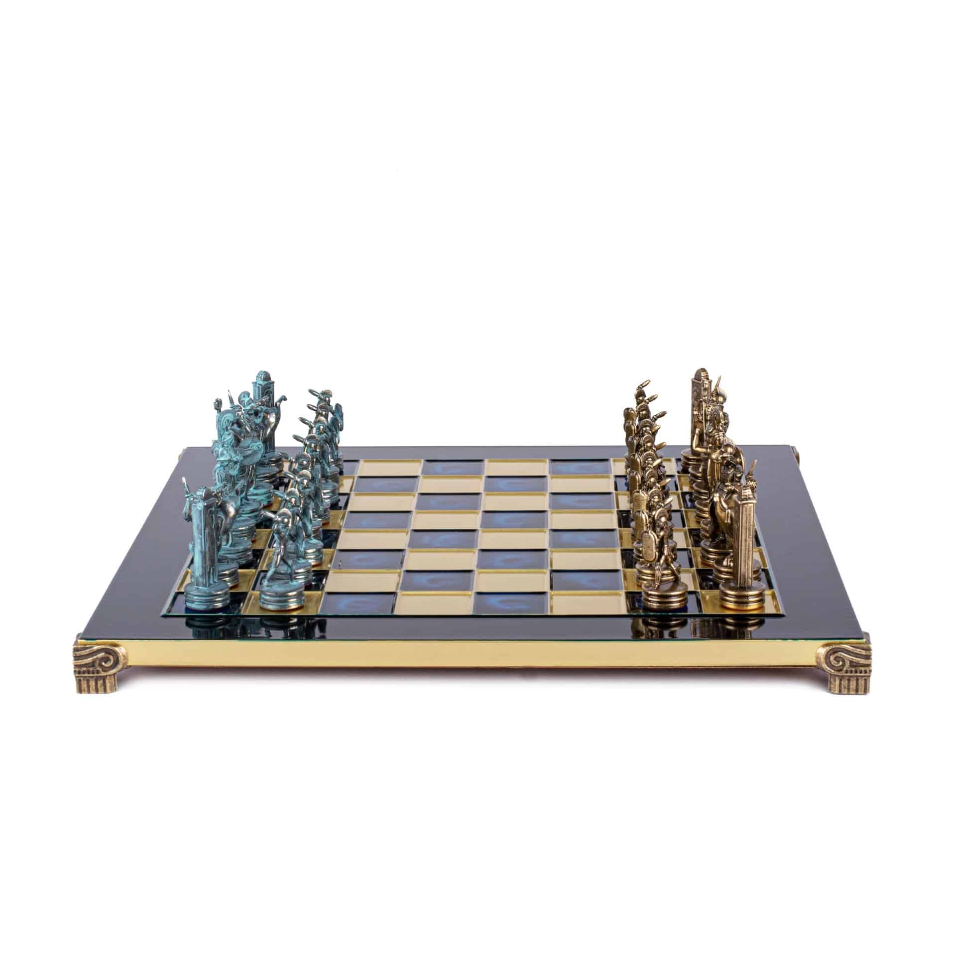 Schaakset Griekse Mythologie in Metaal – Bronzen en Blauwe Stukken met Metalen Schaakbord - Afbeelding 6