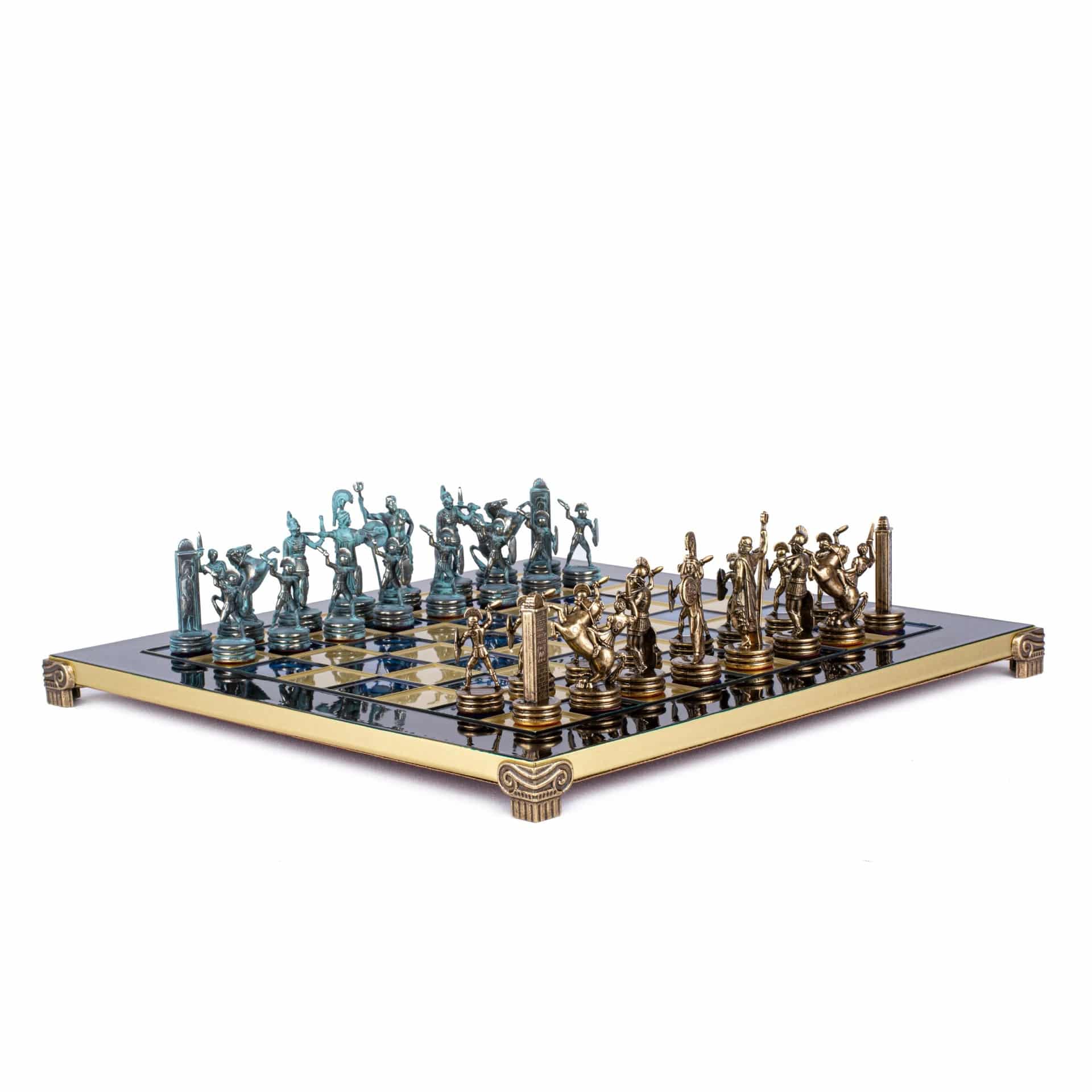 Schaakset Griekse Mythologie in Metaal – Bronzen en Blauwe Stukken met Metalen Schaakbord - Afbeelding 7