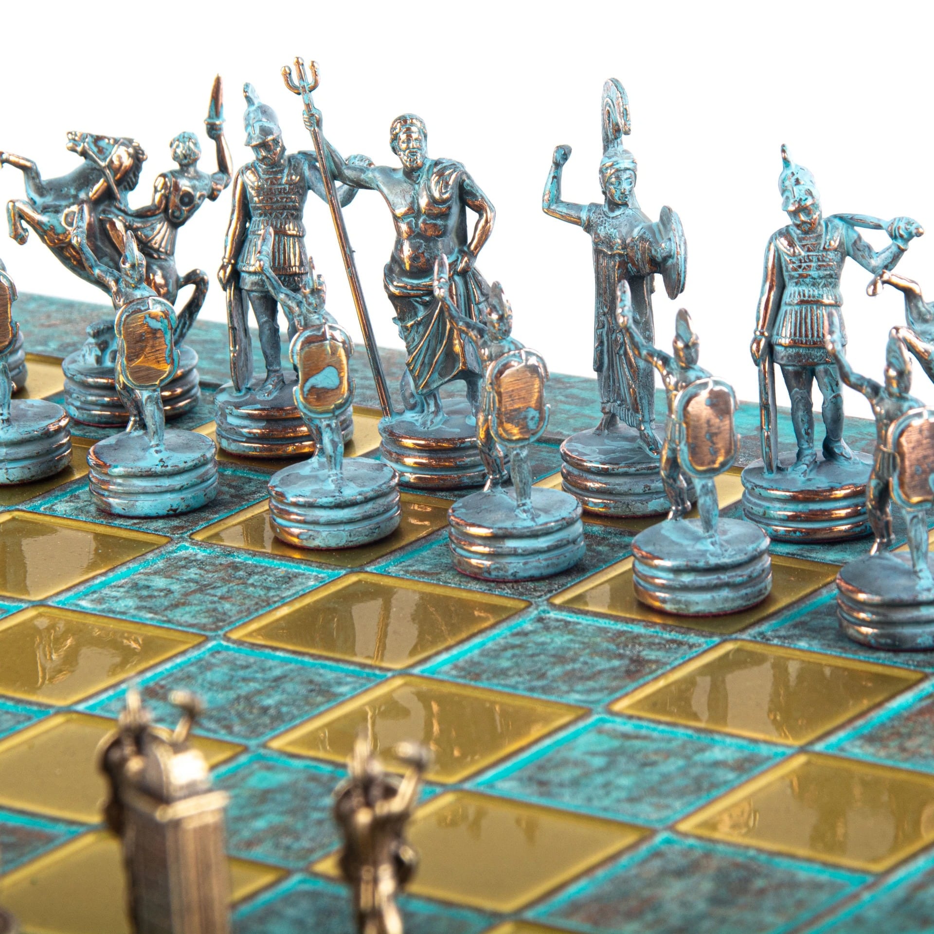 Schaakset Griekse Mythologie in Metaal – Bronzen en Blauwe Stukken met Metalen Schaakbord - Afbeelding 14