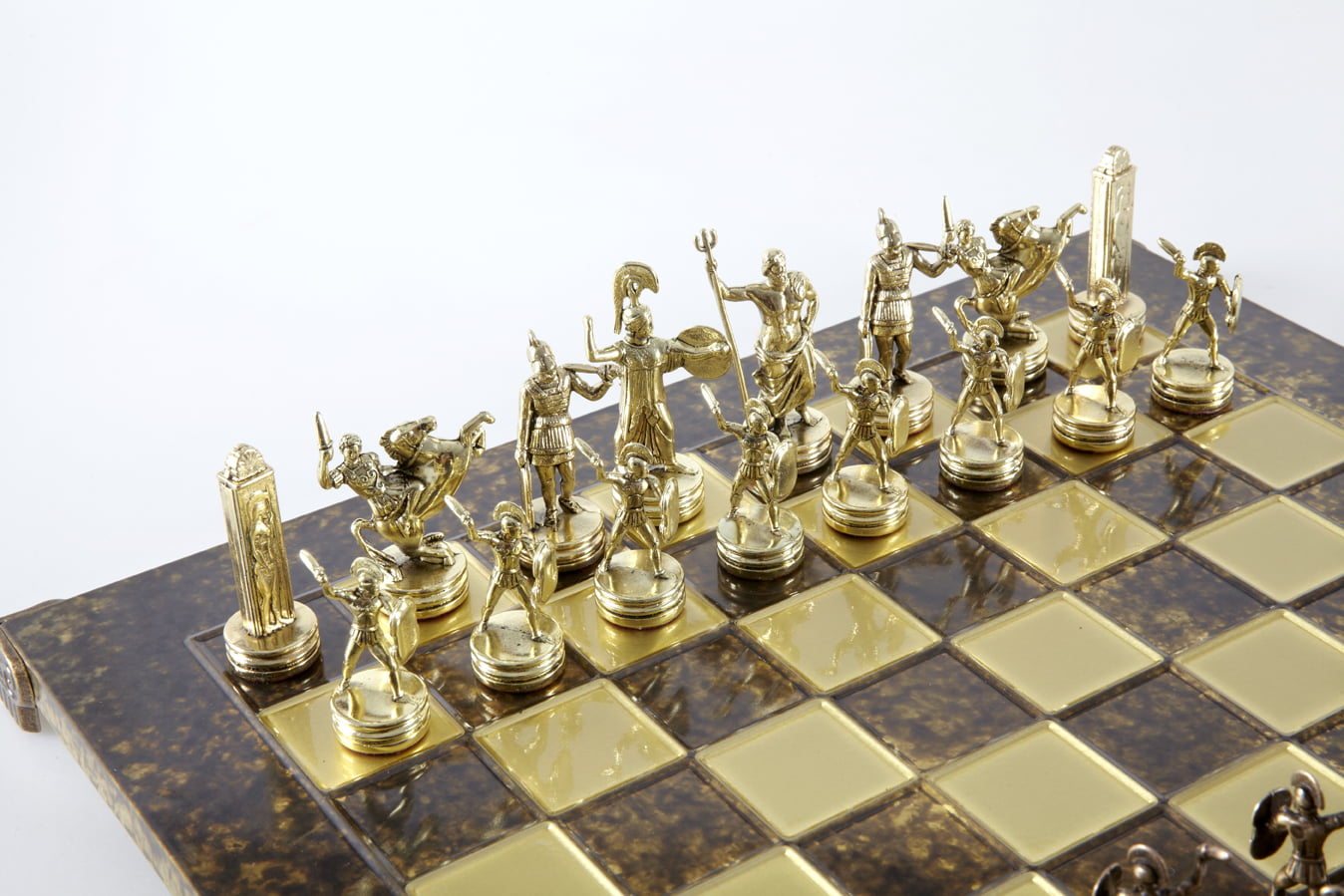 Schaakspel Griekse Mythologie met Goud & Bruine Stukken - Metalen Schaakbord 36 x 36 cm - Afbeelding 2