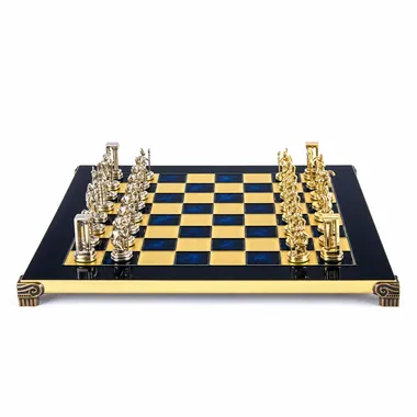 Grieks Minoïsch Krijger schaakspel, totaalbeeld op blauw-gouden bord