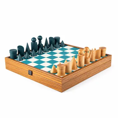 Bauhaus Schaakspel Turquoise en Naturel - Schaakbord in Hout en Kunstleer & Houten Stukken