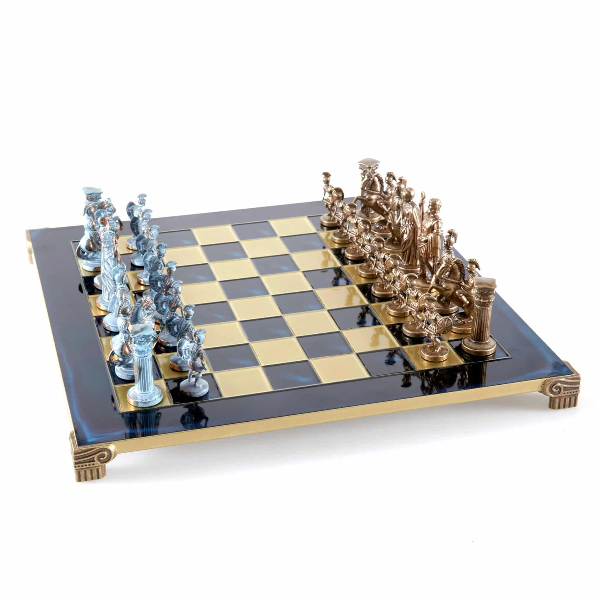 Grieks-Romeins Metalen Schaakspel - Brons en Blauwe Stukken met Metalen Schaakbord 44 x 44 cm en Opbergkist - Afbeelding 7