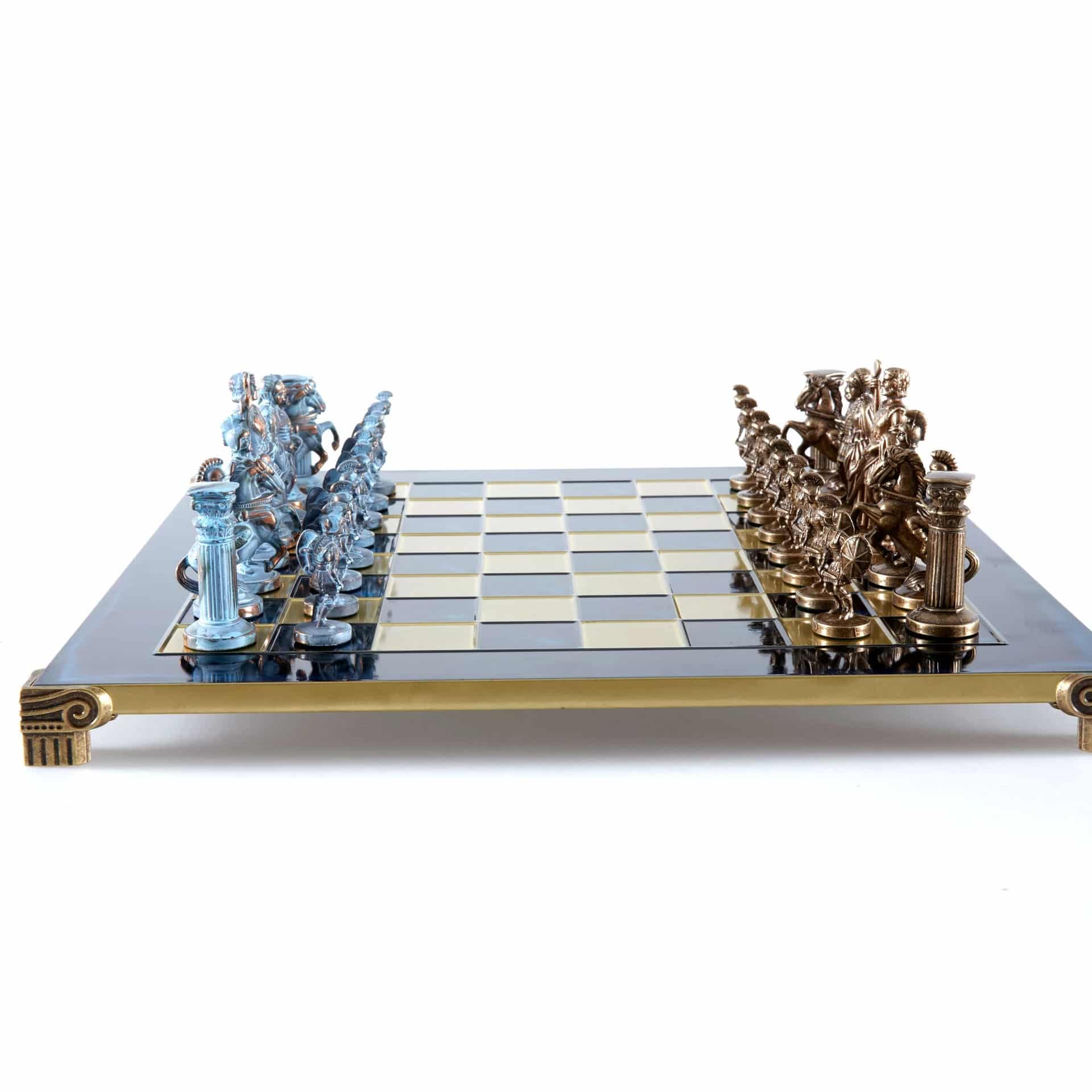Grieks-Romeins Metalen Schaakspel - Brons en Blauwe Stukken met Metalen Schaakbord 44 x 44 cm en Opbergkist - Afbeelding 8