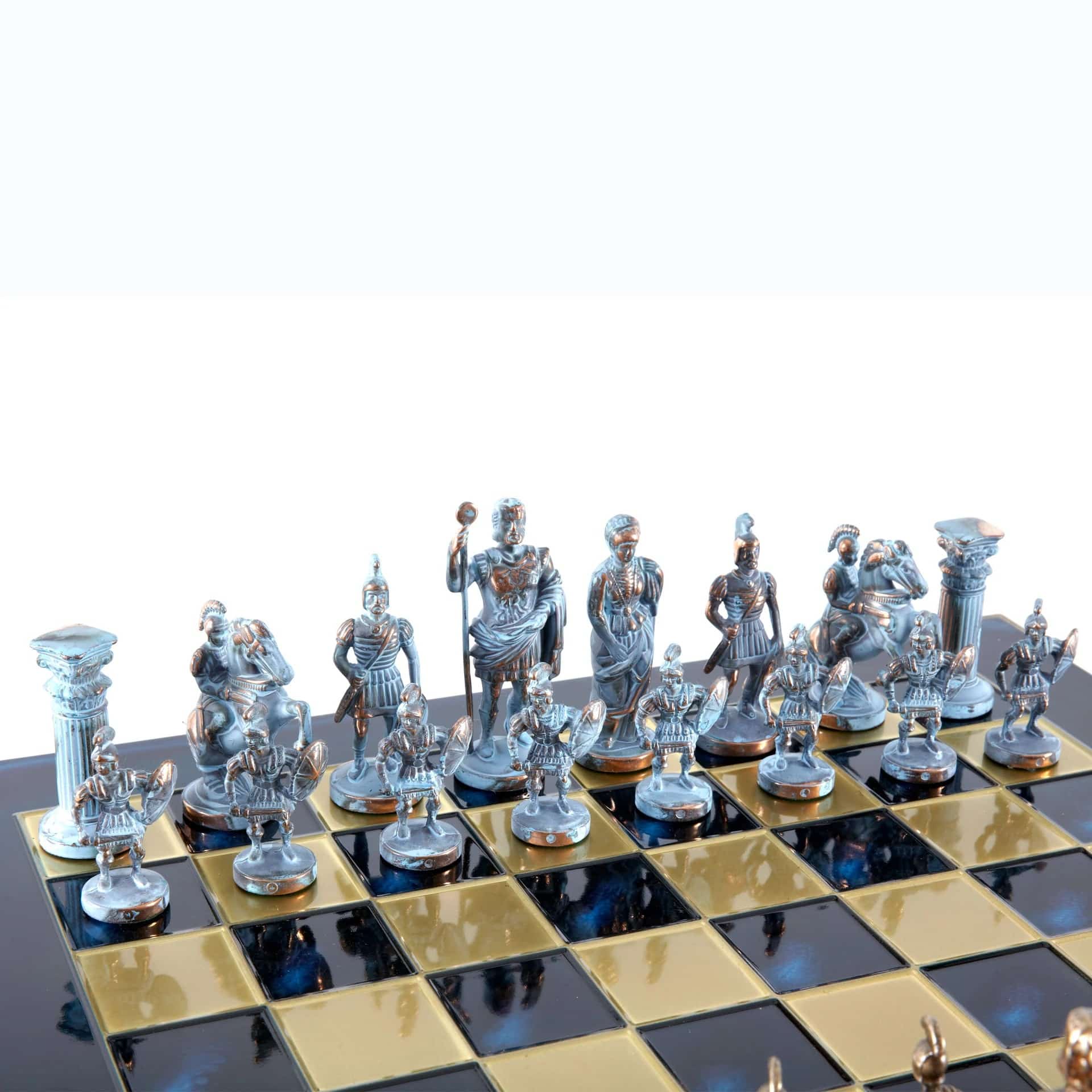 Grieks-Romeins Metalen Schaakspel - Brons en Blauwe Stukken met Metalen Schaakbord 44 x 44 cm en Opbergkist - Afbeelding 10
