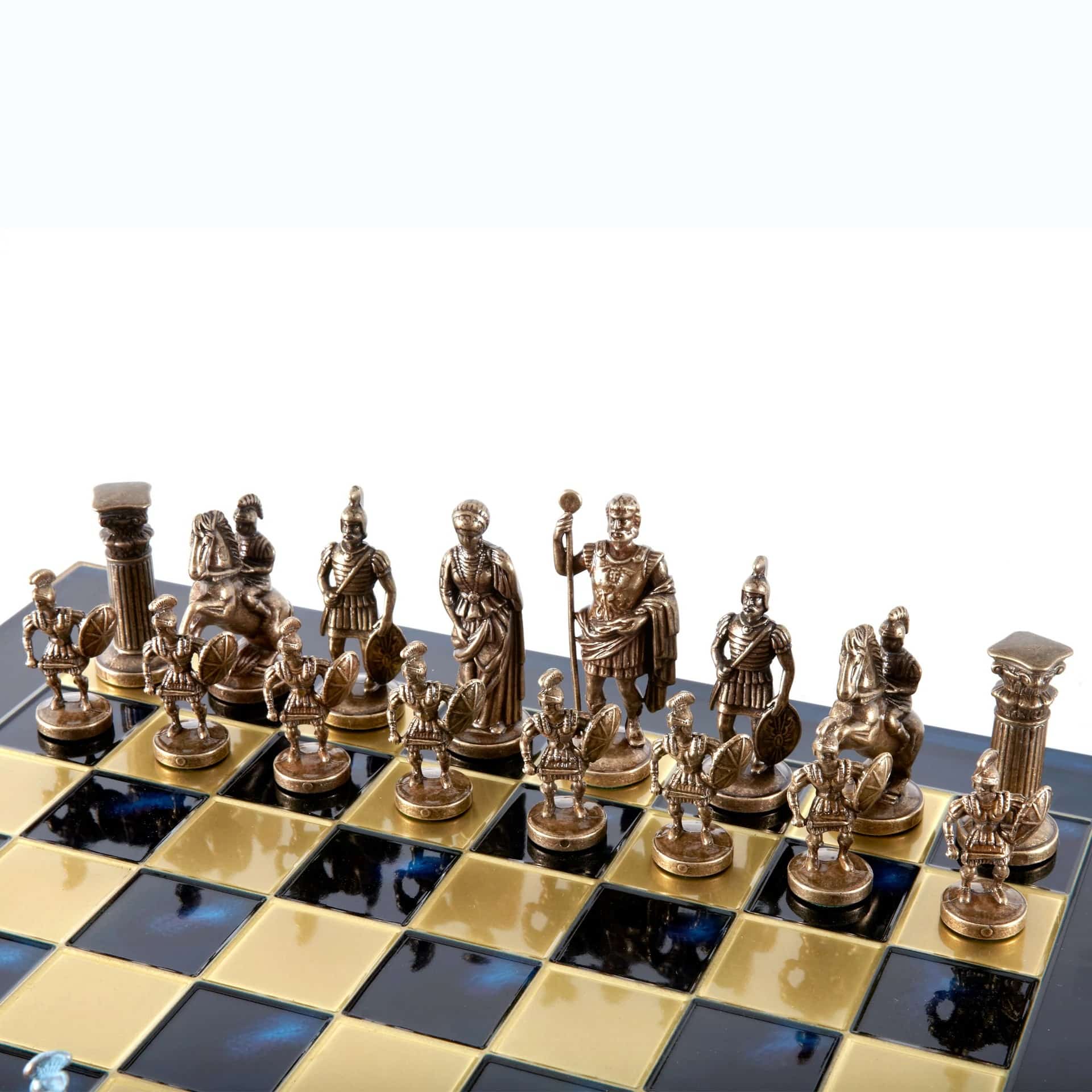Grieks-Romeins Metalen Schaakspel - Brons en Blauwe Stukken met Metalen Schaakbord 44 x 44 cm en Opbergkist - Afbeelding 9
