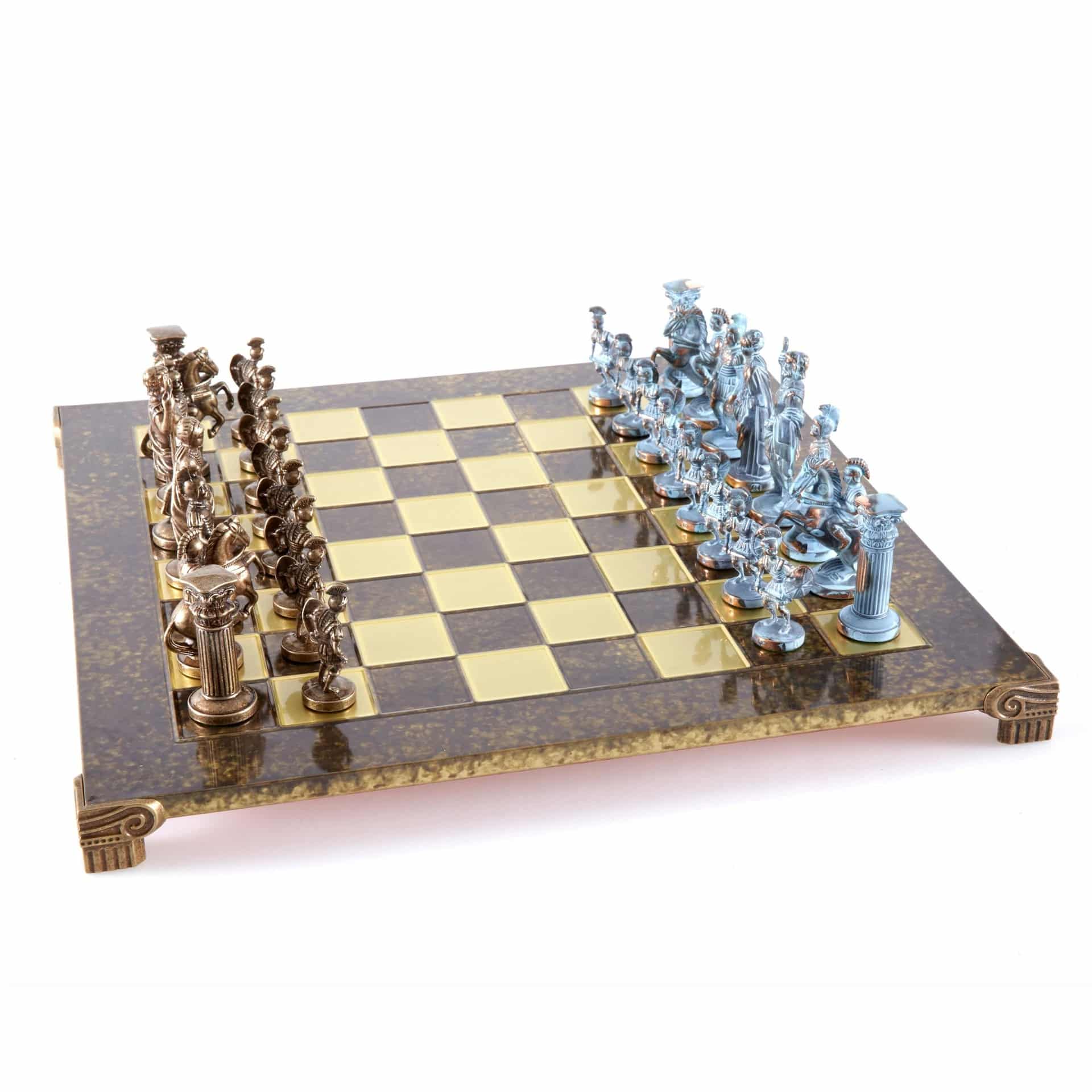 Grieks-Romeins Metalen Schaakspel - Brons en Blauwe Stukken met Metalen Schaakbord 44 x 44 cm en Opbergkist - Afbeelding 2