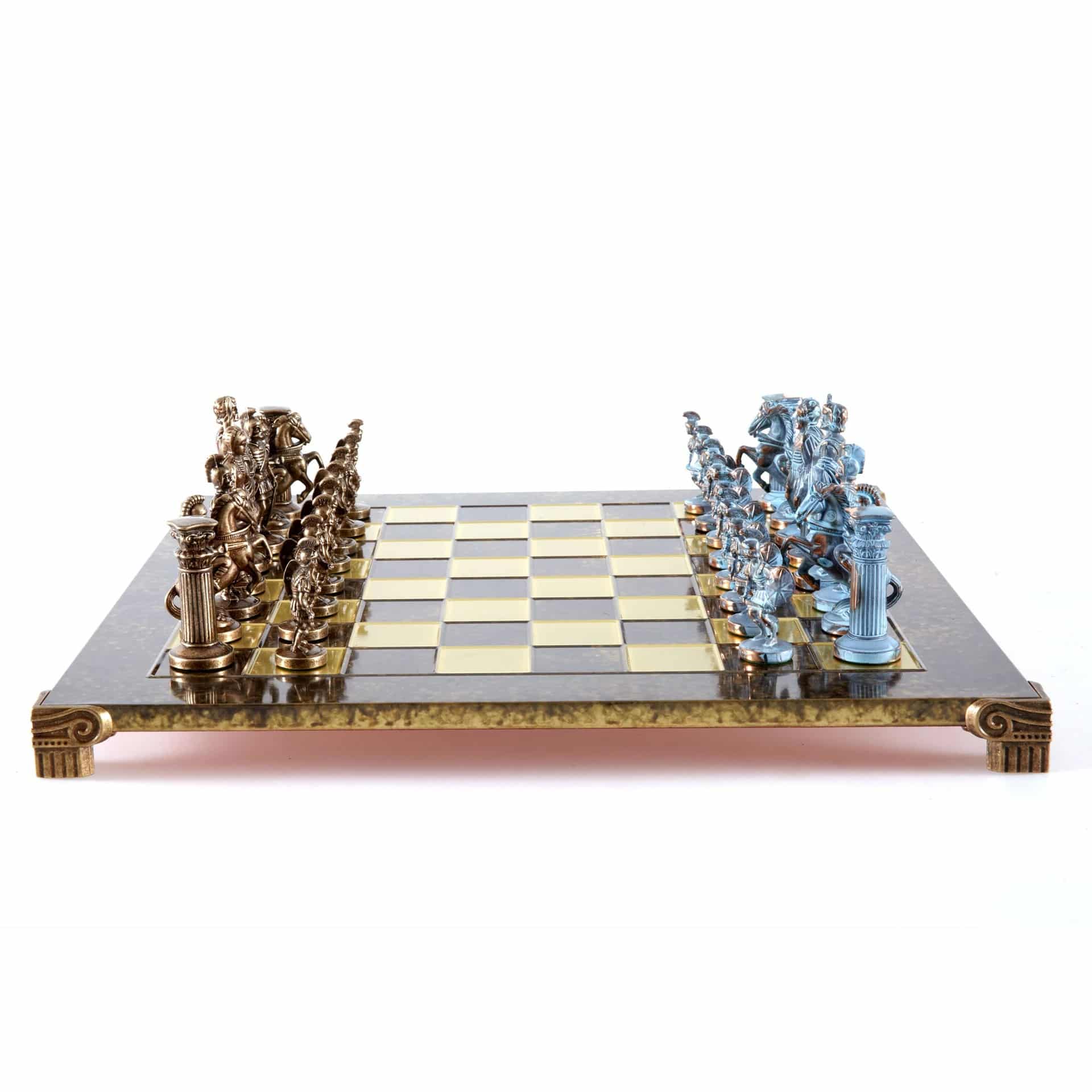 Grieks-Romeins Metalen Schaakspel - Brons en Blauwe Stukken met Metalen Schaakbord 44 x 44 cm en Opbergkist - Afbeelding 3