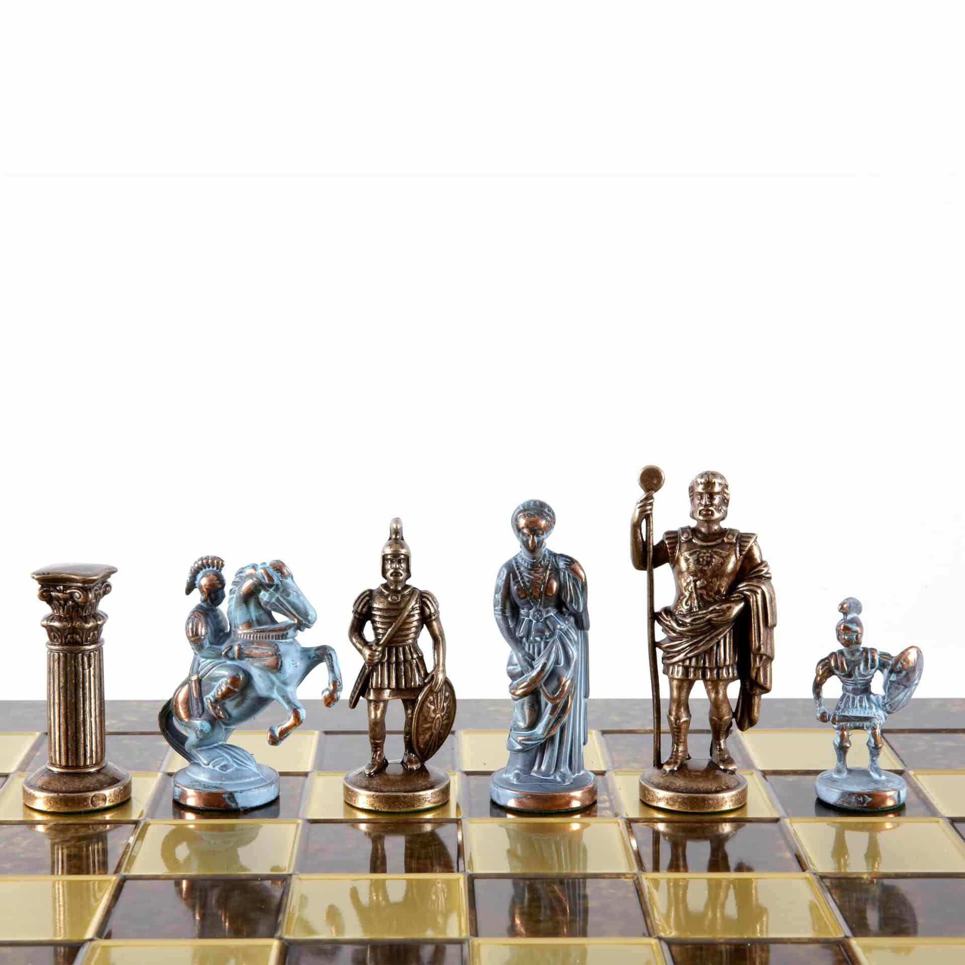 Grieks-Romeins Metalen Schaakspel - Brons en Blauwe Stukken met Metalen Schaakbord 44 x 44 cm en Opbergkist - Afbeelding 6