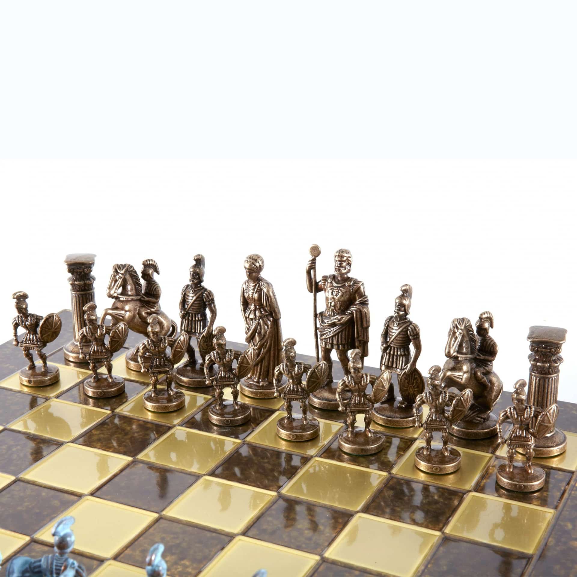 Grieks-Romeins Metalen Schaakspel - Brons en Blauwe Stukken met Metalen Schaakbord 44 x 44 cm en Opbergkist - Afbeelding 5