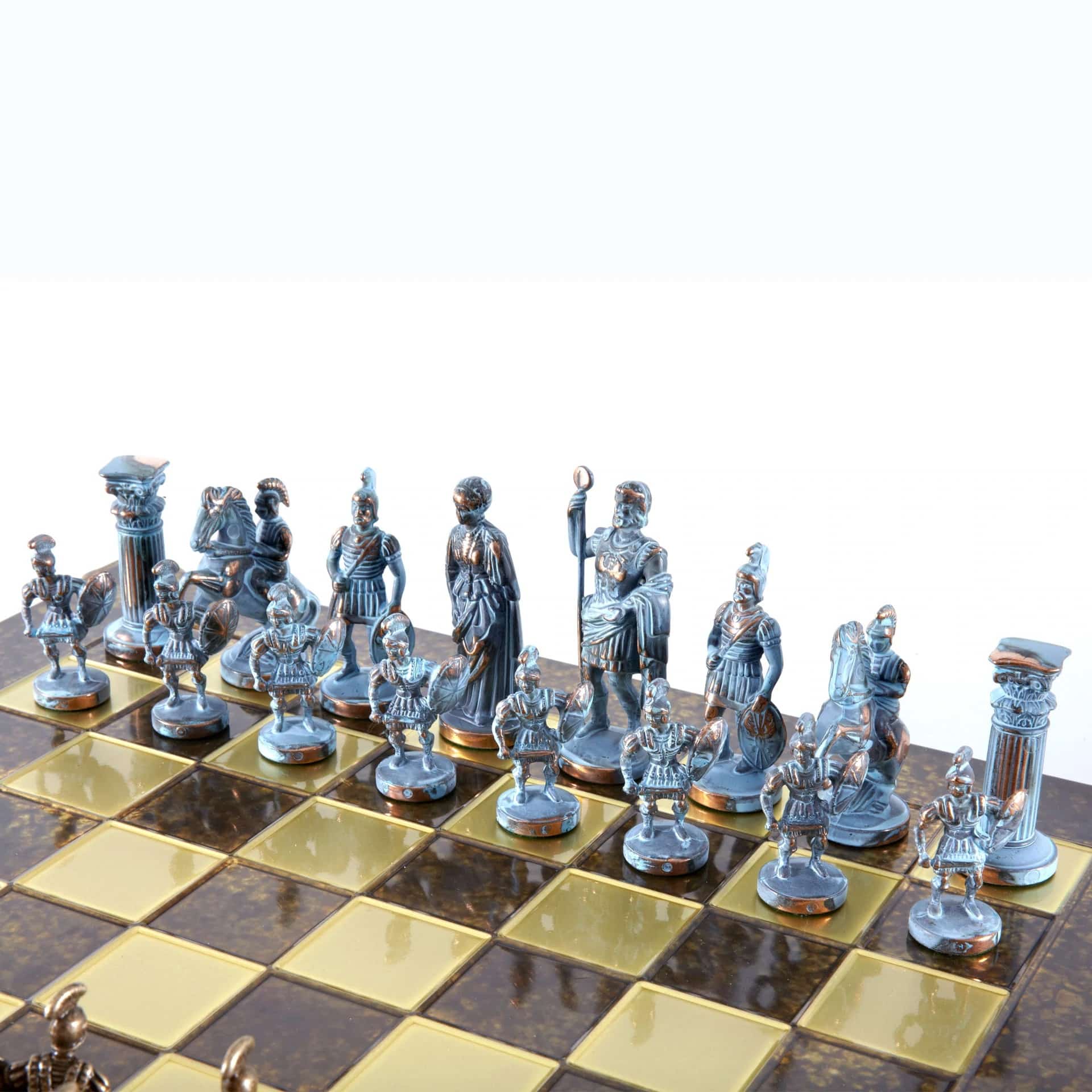Grieks-Romeins Metalen Schaakspel - Brons en Blauwe Stukken met Metalen Schaakbord 44 x 44 cm en Opbergkist - Afbeelding 4