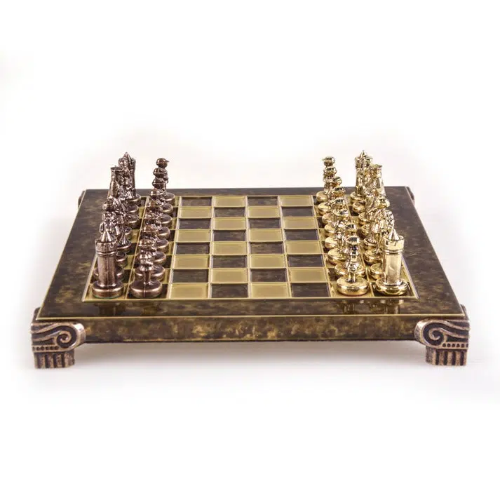 Petit Jeu d'Echecs Empire Byzantin - Échiquier Bleu ou Marron en Metal et Pièces Dorées et Marron avec Coffret de Rangement