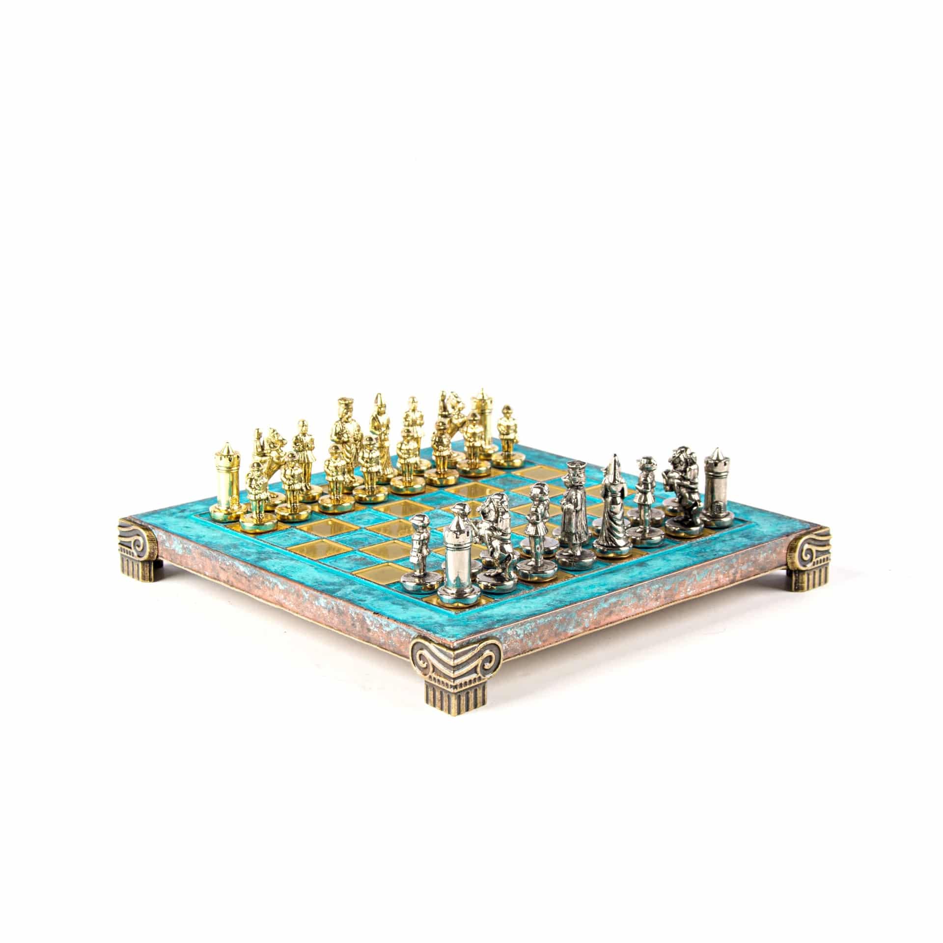 Klein Byzantijns Schaakspel Goud & Zilver Metalen Stukken met Metalen Schaakbord en Opbergkist - Afbeelding 4
