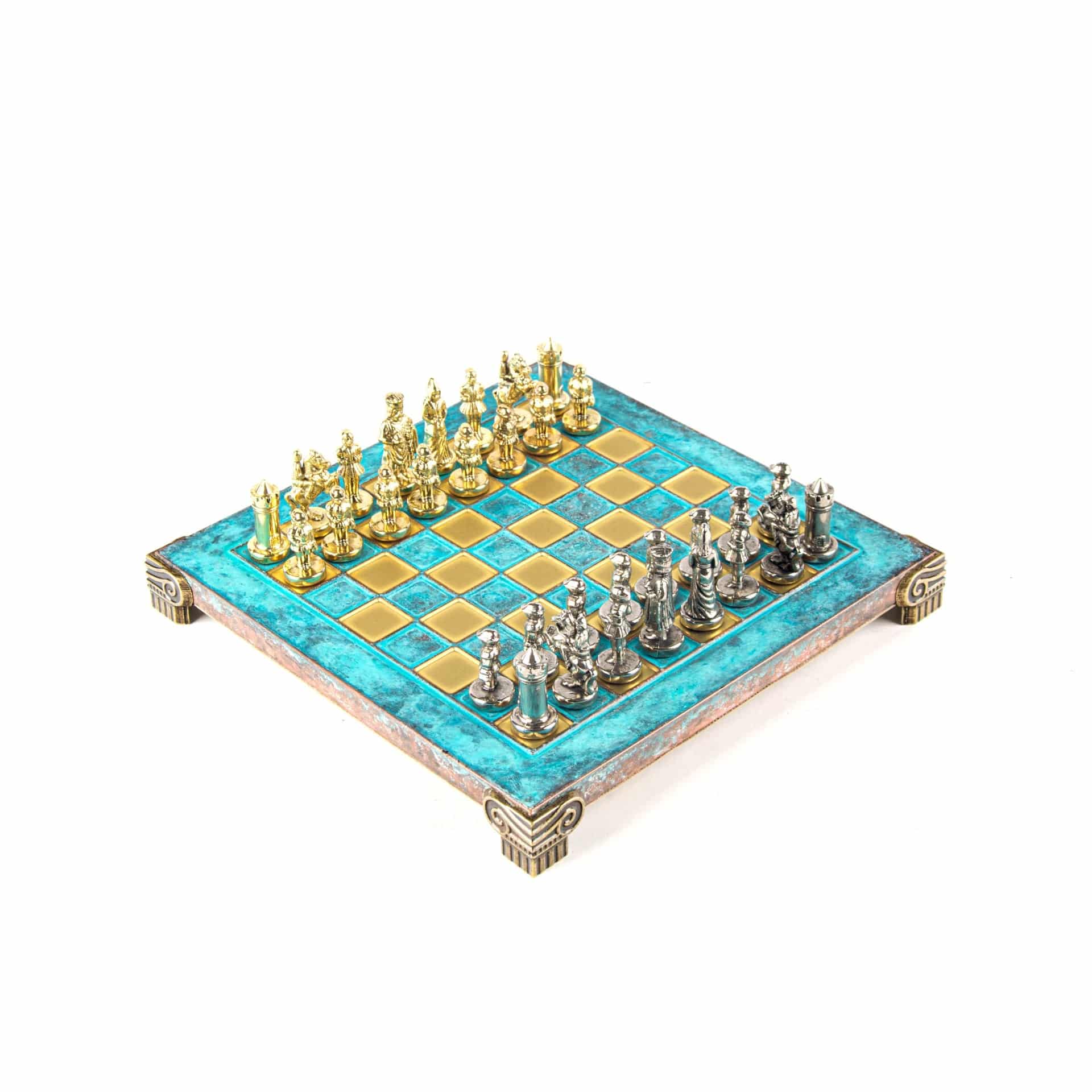 Klein Byzantijns Schaakspel Goud & Zilver Metalen Stukken met Metalen Schaakbord en Opbergkist - Afbeelding 2