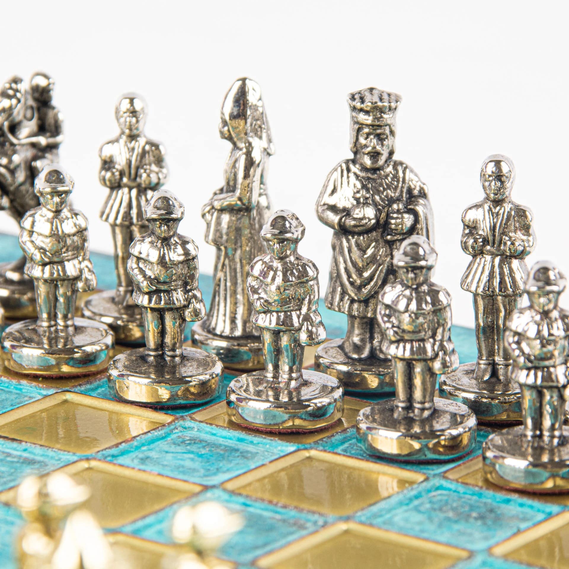 Klein Byzantijns Schaakspel Goud & Zilver Metalen Stukken met Metalen Schaakbord en Opbergkist - Afbeelding 6