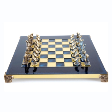 Alternative view of Klein Schaakspel Cycladische Kunst in Messing Brons en Blauw – Metalen Schaakbord en Gelamineerde Houten Opbergkist