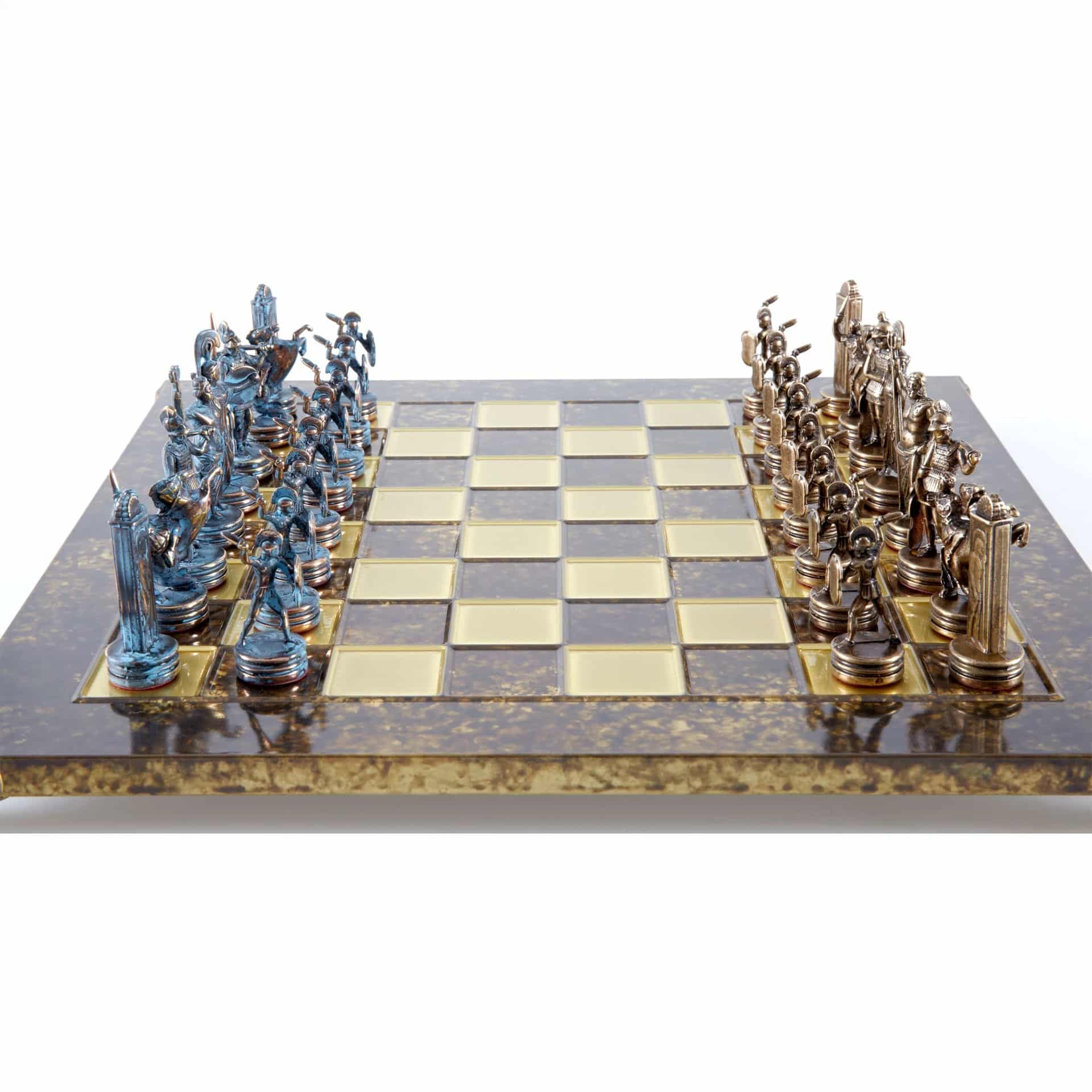 Schaakset Griekse Mythologie in Metaal – Bronzen en Blauwe Stukken met Metalen Schaakbord - Afbeelding 2