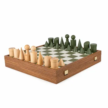 Bauhaus Schaakspel Groen en Naturel - Schaakbord in Hout en Kunstleer & Houten Stukken