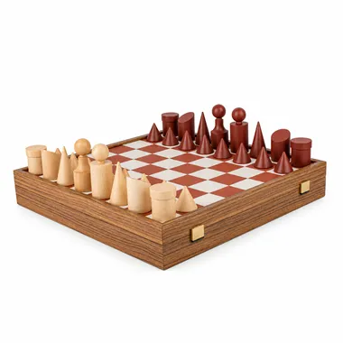 Bauhaus Schaakspel Terracotta en Naturel - Schaakbord in Hout en Kunstleer & Houten Stukken
