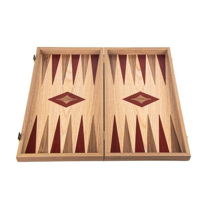 Backgammon en Bois d'Acajou et Chêne – Jeu avec Pions Marbrés et Gobelets en Plastique