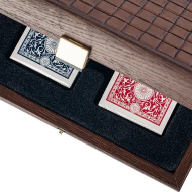 Jeu de Cartes en Plastique avec Écrin en Bois et Cuir Marron Tricoté