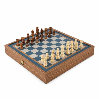 Turkoois 4-in-1 comboset open met schaakbord en houten stukken in spel