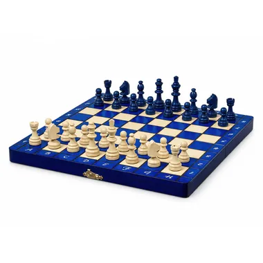 Magnetisch schaakspel van blauw en ivoorkleurig hout, opengeklapt bord